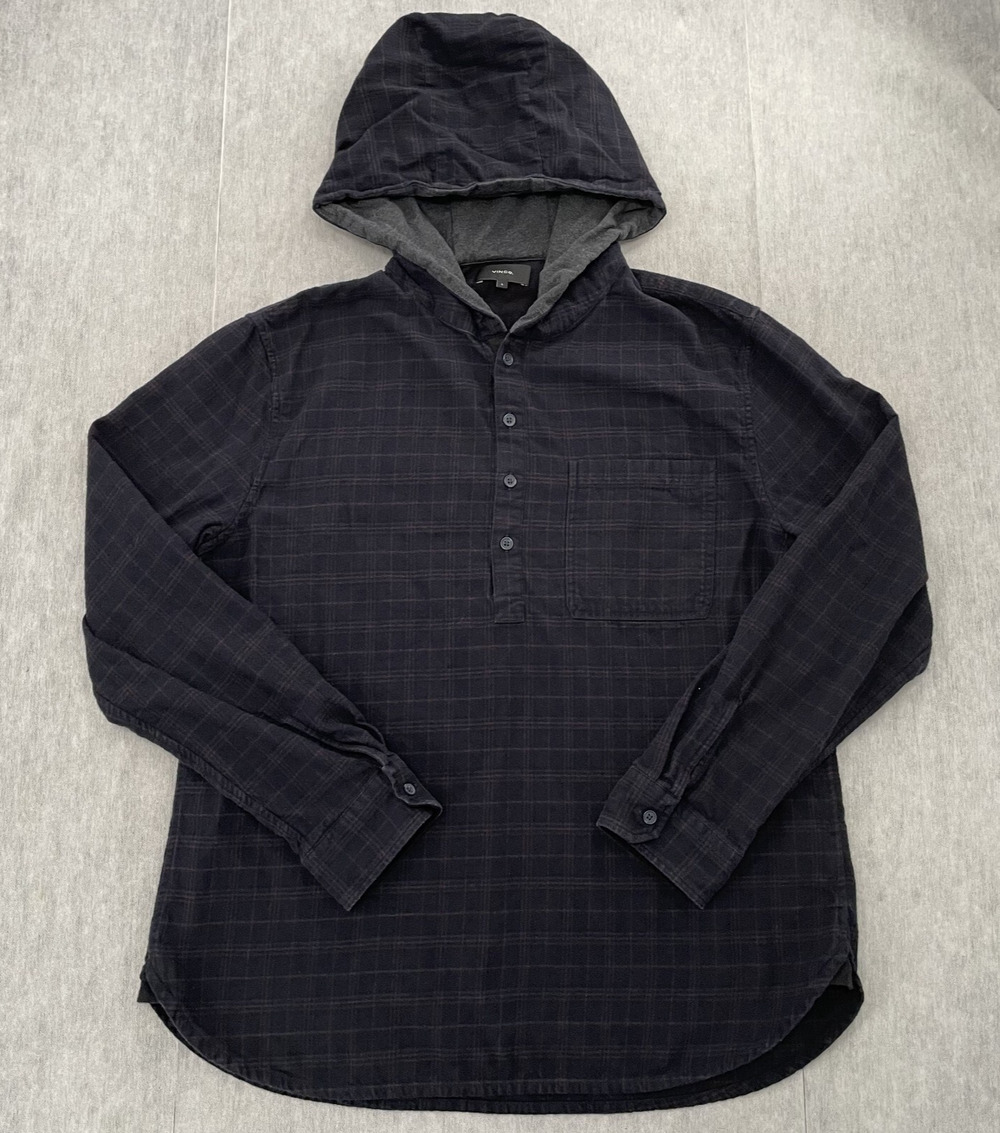 Vince Sweater Adult Large Blue Plaid Henley Hoodie Long Sleeve Cotton Mens L